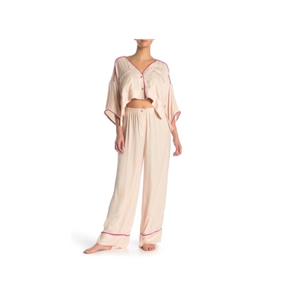 Free People Intimately Satin Pajama Set Sugar Pink Red Piping XS NEW - Picture 2 of 14